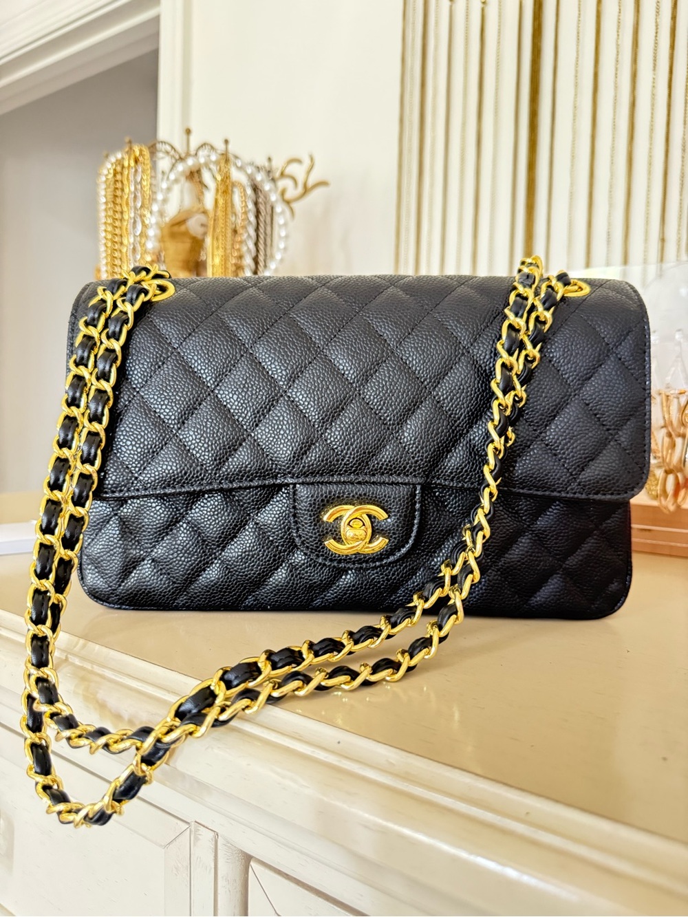 Black Quilted Caviar Leather Shoulder Bag with Shiny Gold Hardware - Picture 2 of 14